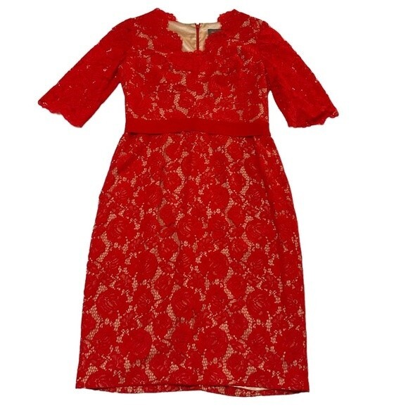 Theia Red Lace Midi Shift Dress US 10 Red Nude Sleeves Belted - Picture 1 of 7